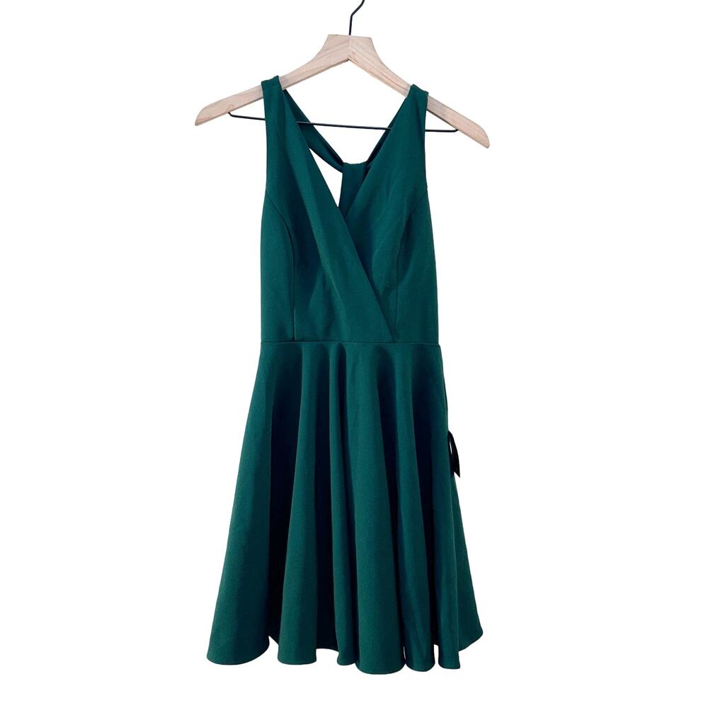 Lulus Wonder Whirl Dark Green Twist Back Party Dress Holiday Christmas Deep V